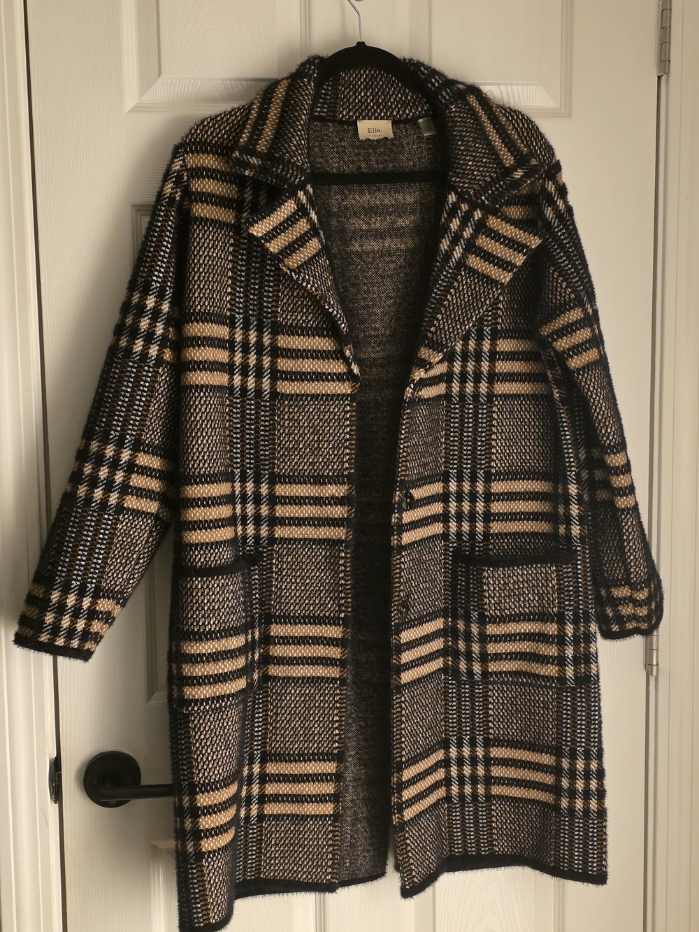 Elie Tahari Plaid Longline Coatigan in Black & Tan